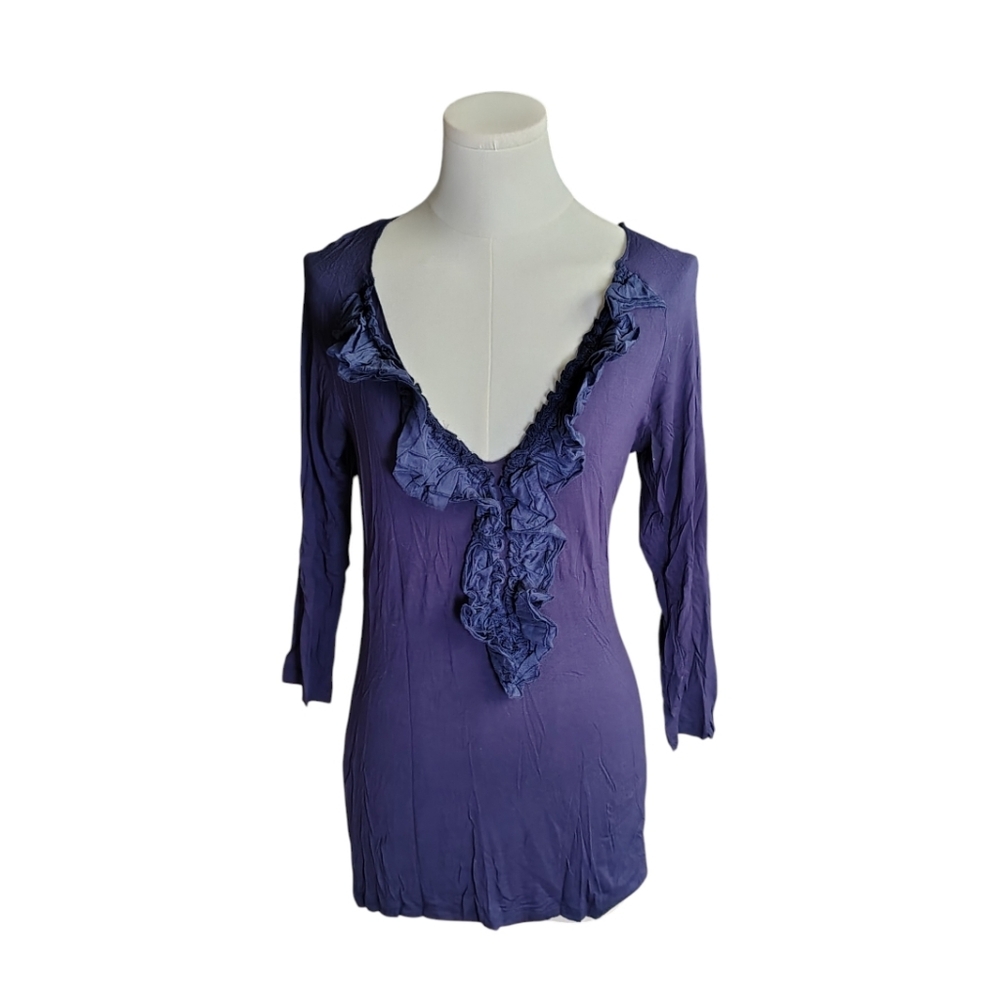 Vintage Wyeth Blue Floral Ruffled Plunging V-neck Seamless Blouse Size Large